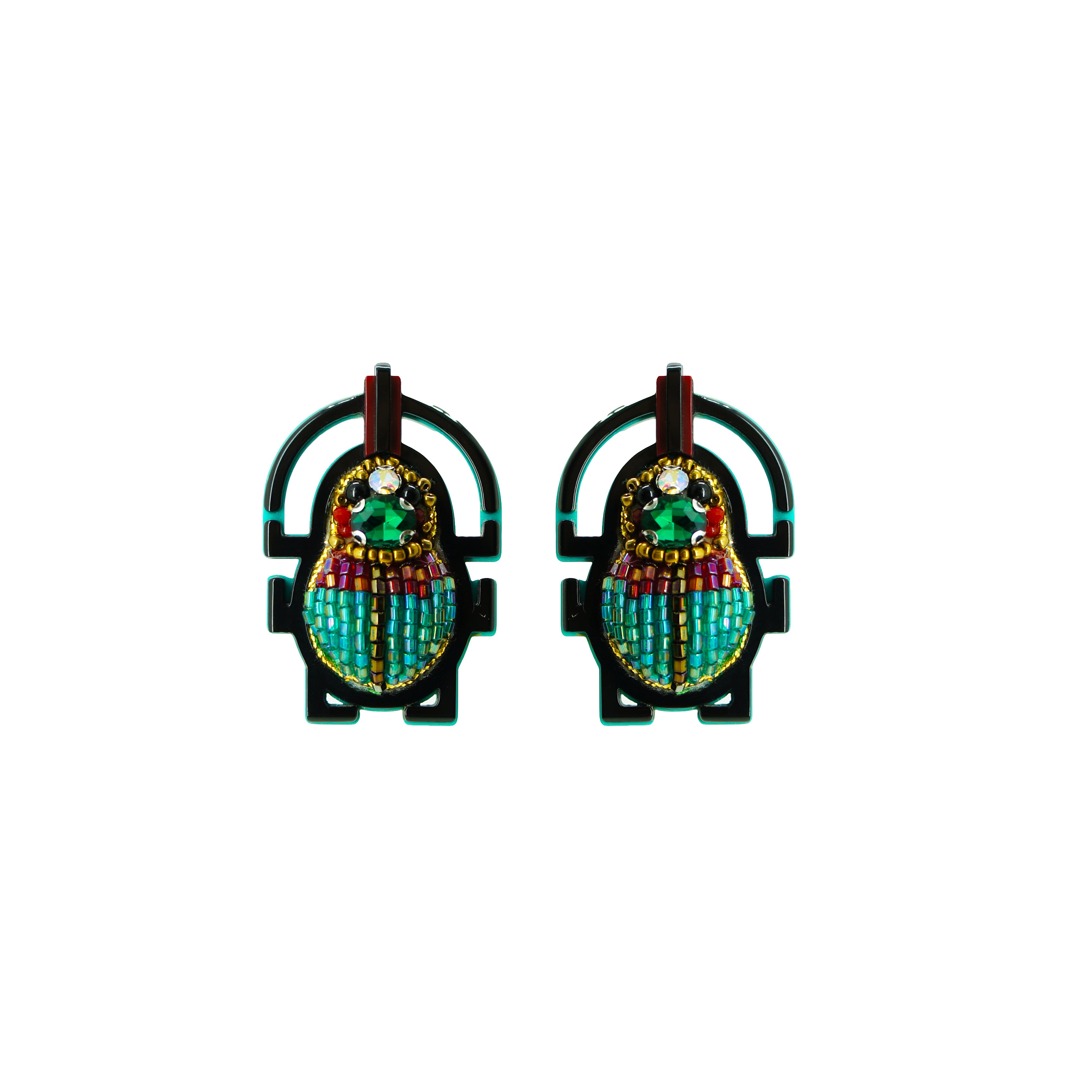 Embroidered Scarab Earring / Turquoise Green