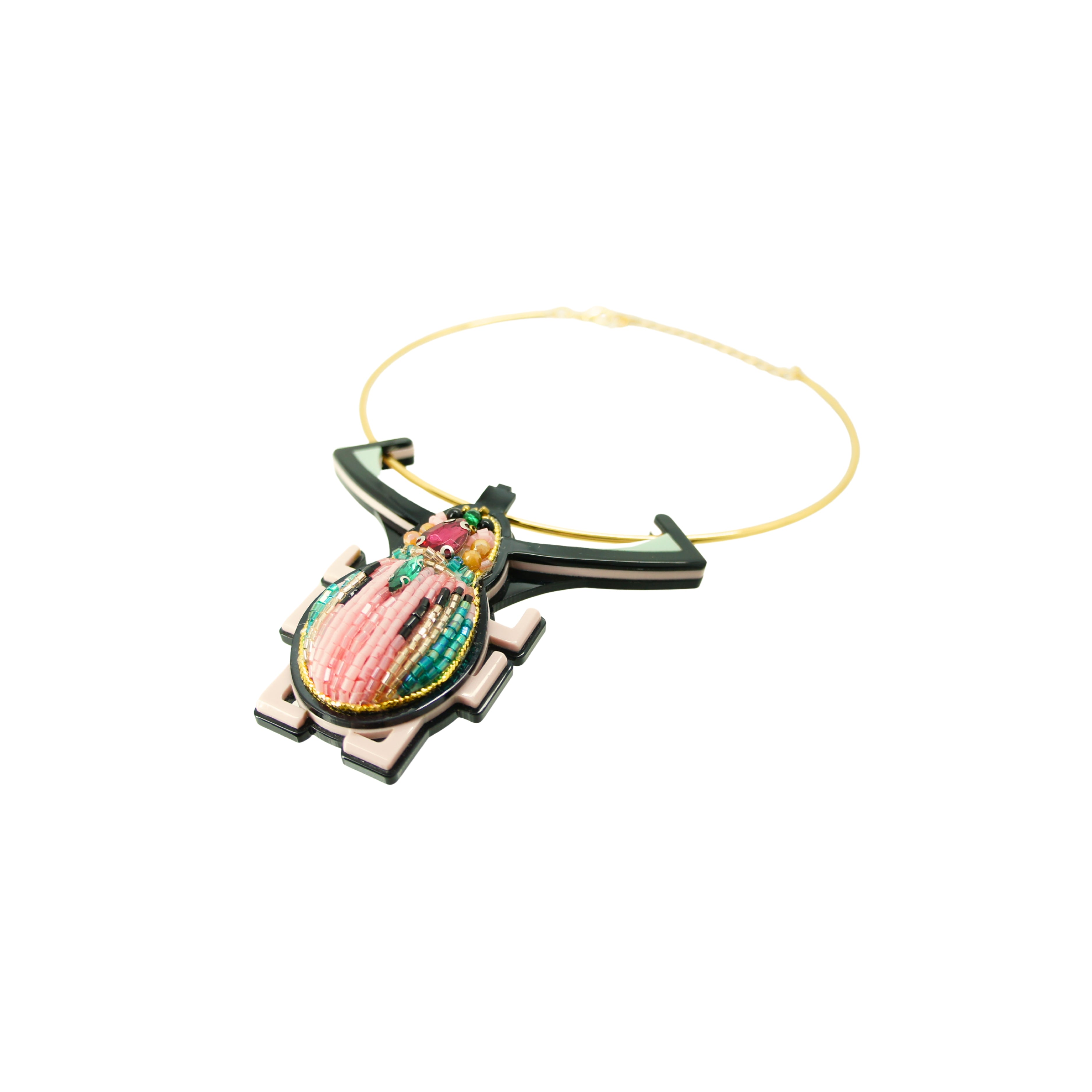 Scarab Embroidered Necklace / Candy Pink