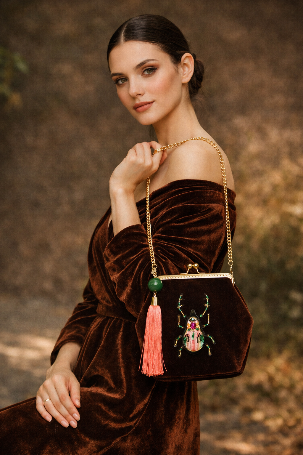 BROWN VELVET BEETLE BAG